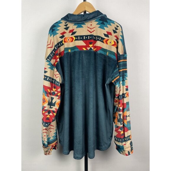 Rowdy‎ Crowd Blue Western Aztec Soft Ribbed Velvet Long Sleeve Button Up Shirt L - Picture 6 of 6